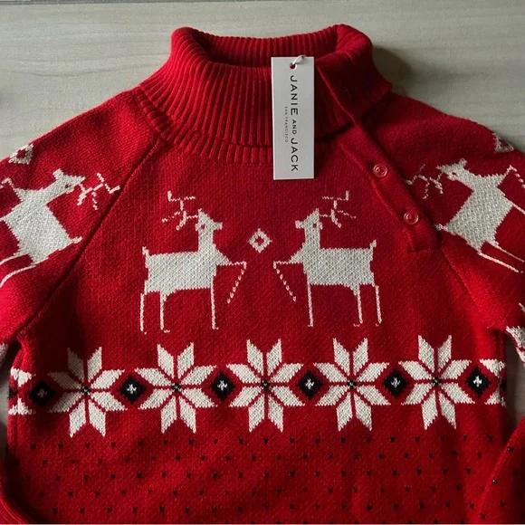NWT Janie & Jack Red Holiday Snowflake Reindeer Sweater - Picture 2 of 4